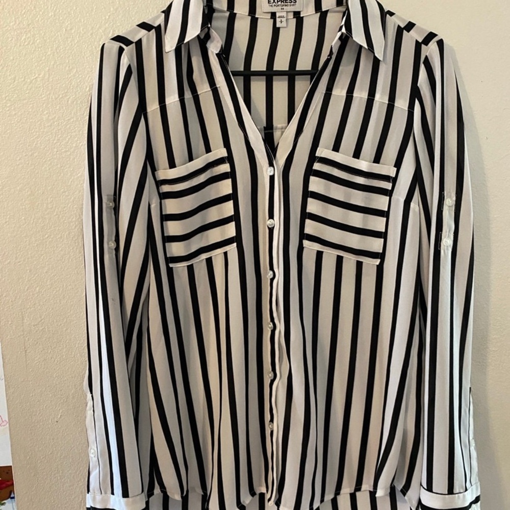 Express Black & White Vertical Stripes Portofino Button Down Shirt